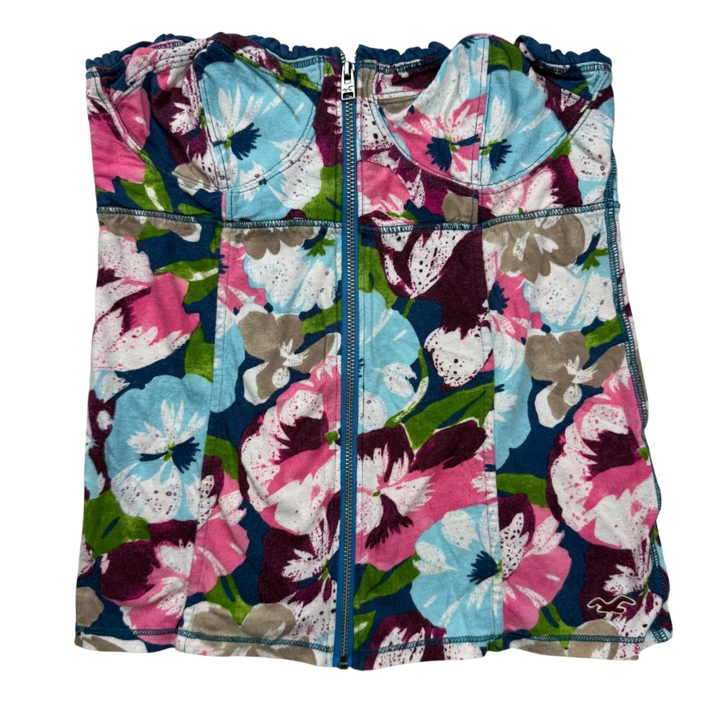 VTG Y2K Hollister Floral Babydoll Corset Zip Front Tube Top Blue Pink Small